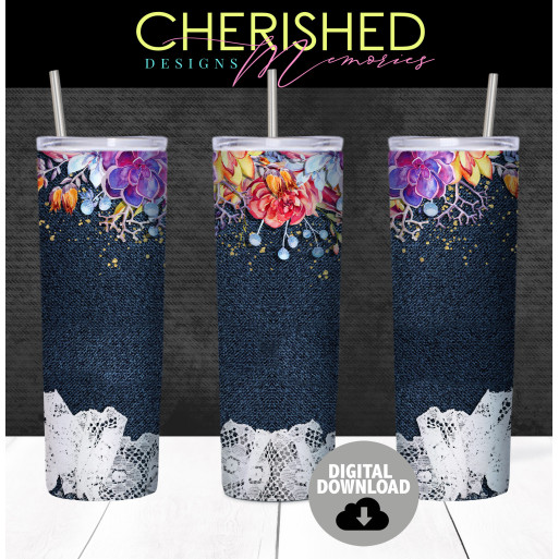 Denim Lace And Flowers Tumbler Design